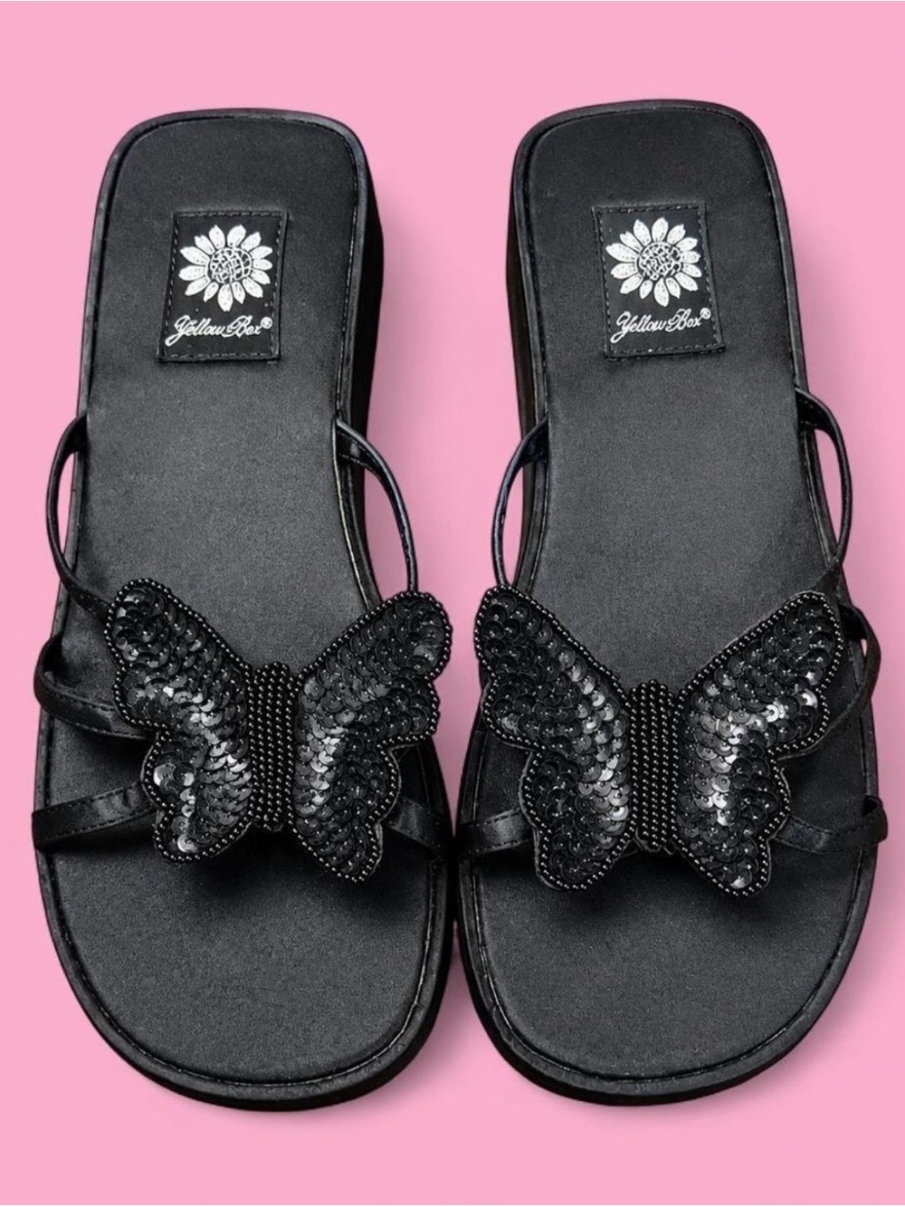 Vintage Yellow Box Black Sequin Butterfly Platform Sandals Size 7